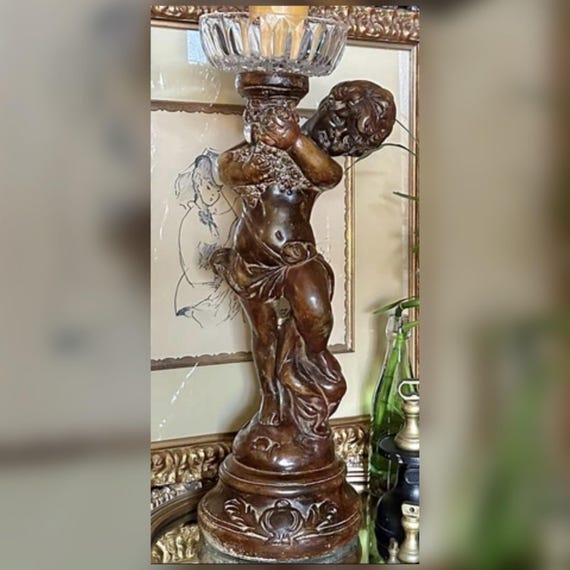 Vintage Chalkware Cherub Statue Putti Candle Holder Pedestal