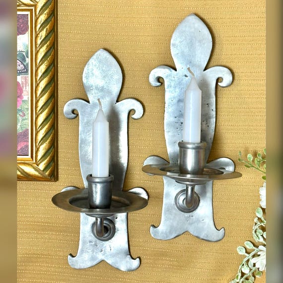 Vintage Pewter Wall Sconces - Vintage Oneida Hand Crafted Portugal Wall Candle Holders - Portugal Pewter Hand Hammered Wall Sconces - Pair