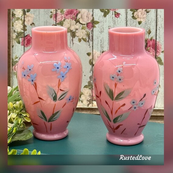 Continental Bristol Vases / Antique Bristol Pink Vases / Hand Painted Bristol Vases / 19th Century Bristol Glass Vases / Pink Bristol - 2