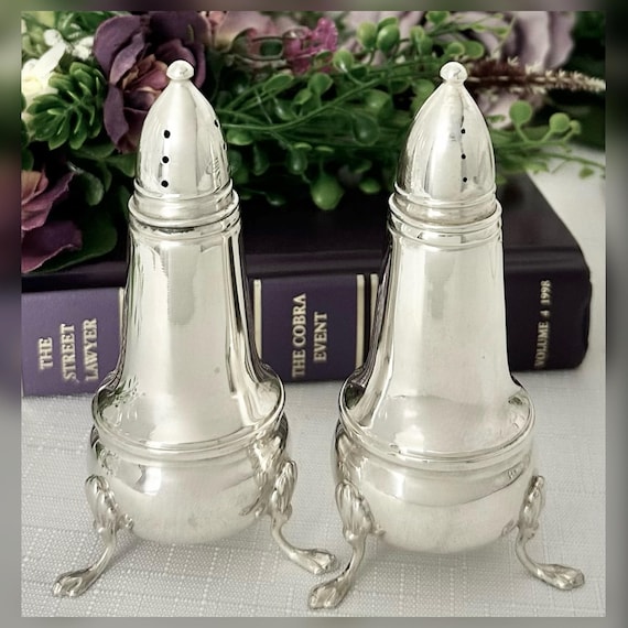 Sterling Silver Salt Pepper Shakers Crown Glass Lined Set