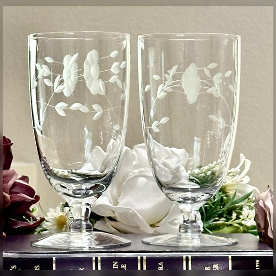 Princess House Heritage Iced Tea Glasses Pair Floral Etched Glasses
