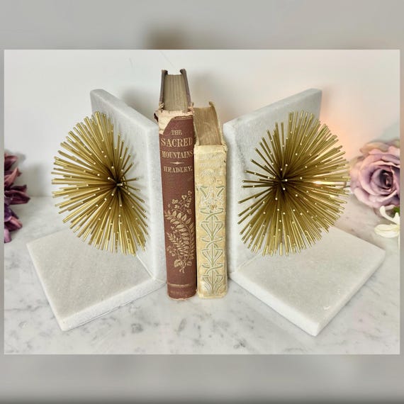 White Stone Brass Starburst Bookends Pair Hollywood Regency MCM Style