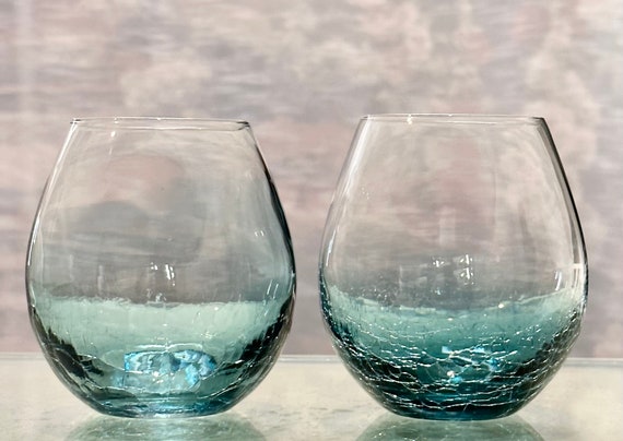 Pier 1 Teal Blue Crackle 8.5 Red Wine Balloon Glasses, Set of 2, Retired,  in 2023