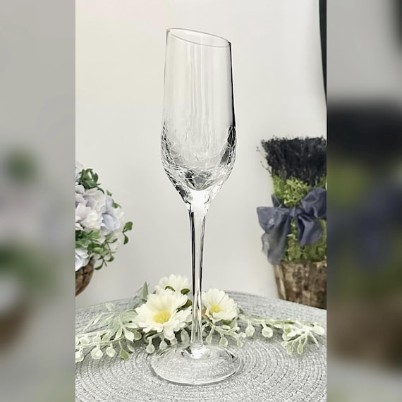 Pier 1 Crackle Angled Rim Champagne Glass / Vintage Crackle Glass Champagne Flute / Pier 1 Crackle Toasting Flute / Angled Rim Crackle Glass