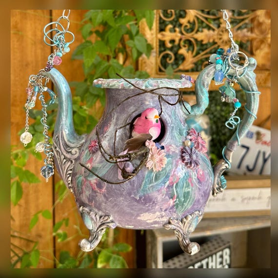 Hand Painted Tea Pot Vase / Hand Painted BoHo Bird House Vase / Hanging Repurposed Tea Pot Purple Vase / Hand Crafted Painted Tea Pot Vase