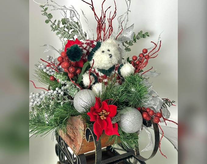 Handmade Christmas Sleigh Floral Arrangement Bear Pine Holiday Centerpiece