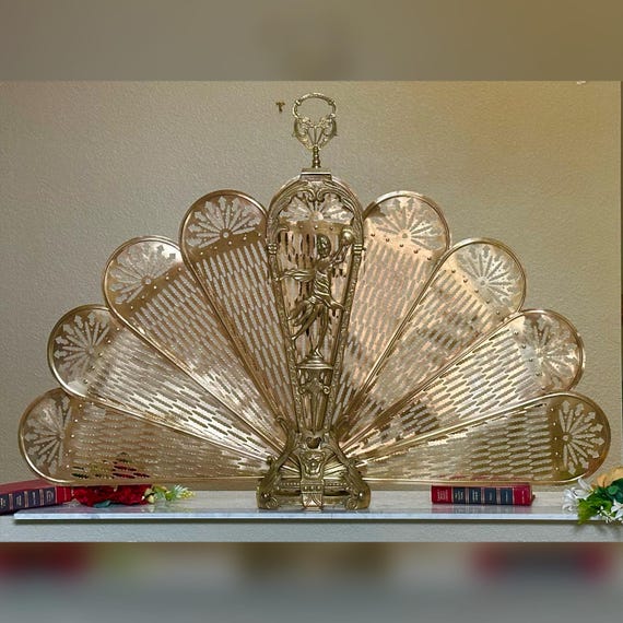 Brass Fireplace Screen / Art Deco Vintage Brass Folding Fireplace Screen / Brass Peacock Fireplace Screen / Vintage Folding Fireplace Screen