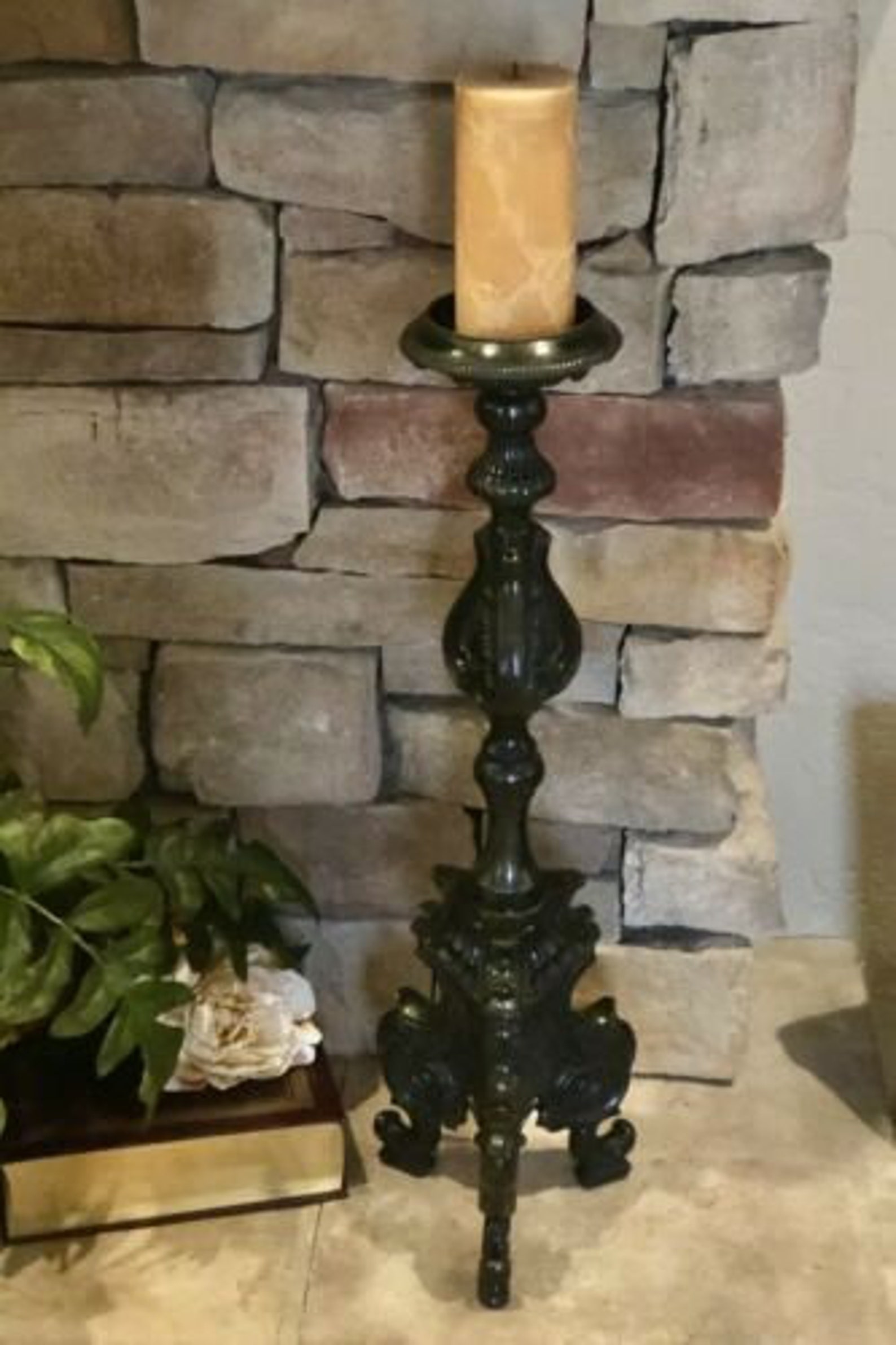 Floor Candle Holder Solid Brass Black Antiqued LG Heavy Hearth Etsy