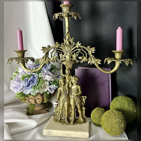 Antique Victorian Brass Girandole Pair Rococo Mantel Candelabras