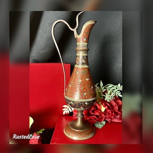 Brass Vintage Ewer/ Vintage Vase / Red Colored Enamel Ewer / Brass Wine Server / Red Pitcher Crafted In India / Enamel Vintage Vase