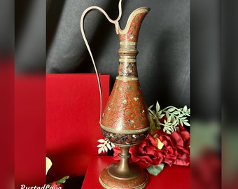 Brass Vintage Ewer/ Vintage Vase / Red Colored Enamel Ewer / Brass Wine Server / Red Pitcher Crafted In India / Enamel Vintage Vase