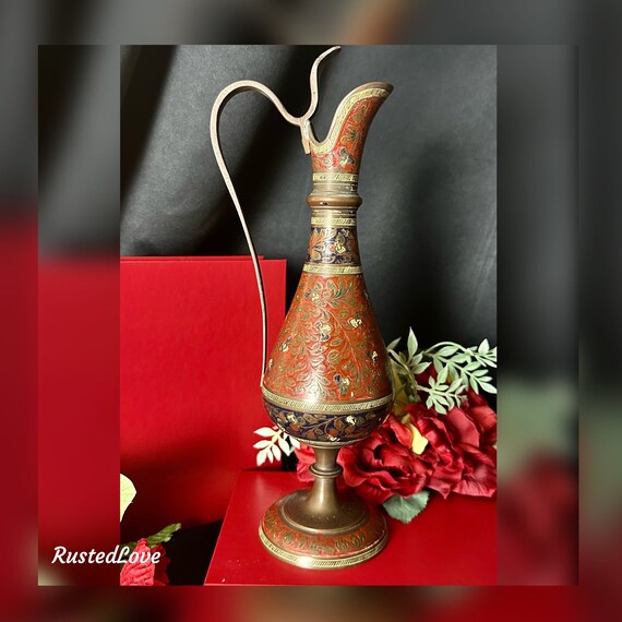 Brass Vintage Ewer/ Vintage Vase / Red Colored Enamel Ewer / Brass Wine Server / Red Pitcher Crafted In India / Enamel Vintage Vase