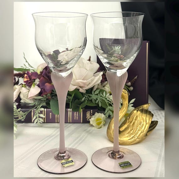 Mikasa Sea Mist Frosted Stem Water Glasses Pink / Amethyst Mikasa Stemware / Sea Mist Pink Water Goblets / Vintage Mikasa Water Goblets - 2