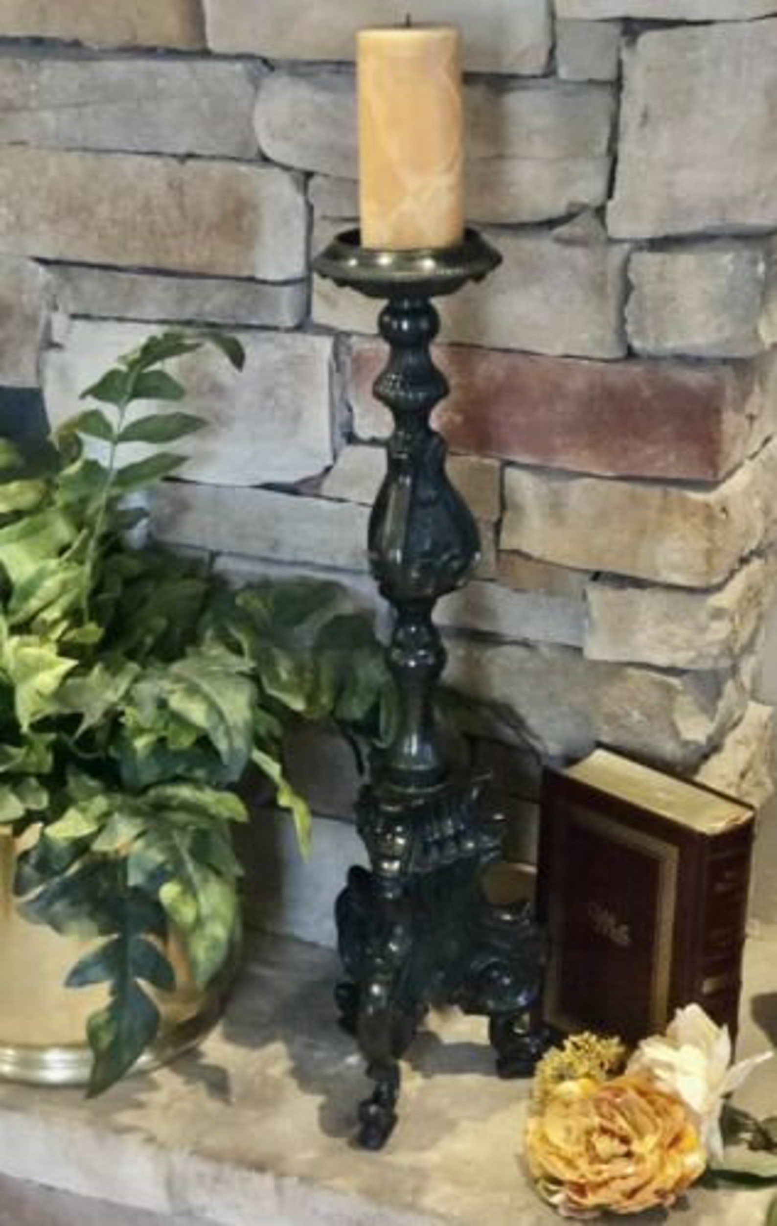 Floor Candle Holder Solid Brass Black Antiqued LG Heavy Hearth Etsy