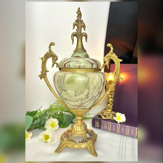 Italian Balatresi Firenze Urn / Vintage Italy Marbled Lidded Urn / Italian Urn Gilt Bronze Mounts / Mid Century Marble Decorative Urn