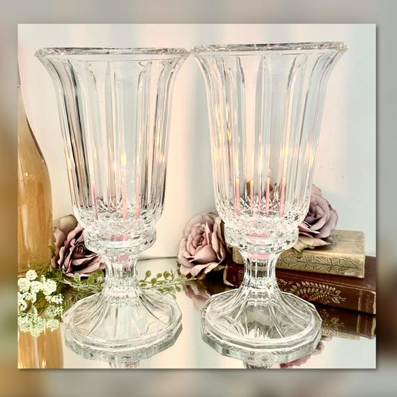 Vintage Crystal Glass Hurricane Candle Holders Pair 12" Taper Pillar Wedding