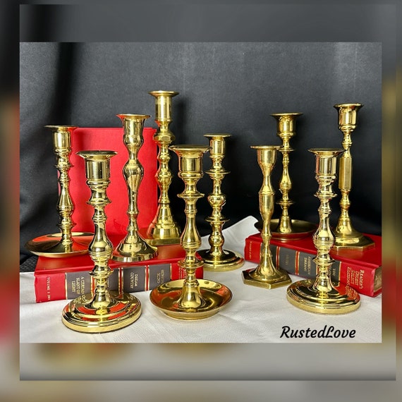 Brass Candlesticks / Lacquered Brass Candle Holders Set / Brass Dinner Taper Centerpiece Candlestick Set / 10 Lacquered Brass Candlesticks