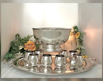 Vintage Silver Plated Punch Bowl Set: Tray, Ladle, 8 Cups