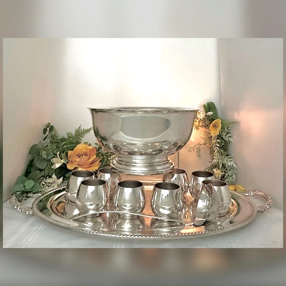 Punch Bowl Silver Plated Set with Tray / Silver Plated Punch Bowl Set with Ladle / Vintage Drinkware Serving Set / Silver Plated Drinkware