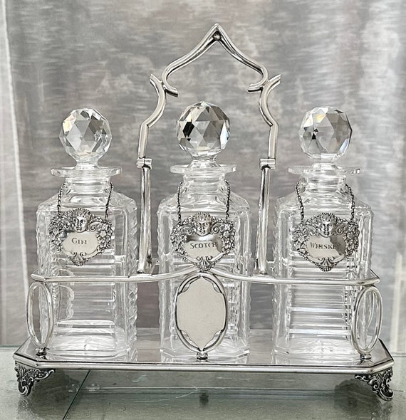 Vintage Crystal Decanter Set EPNS Liquor Caddy Barware Sterling Tags