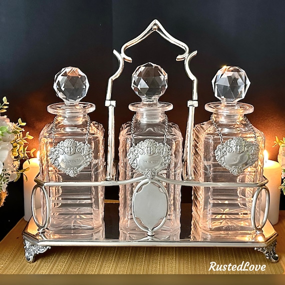 Antique Crystal Decanters / Tantalus EPNS Liquor Caddy / Crystal Decanter Set  / circa 19th Barware Decanters / England Sterling Silver Tags