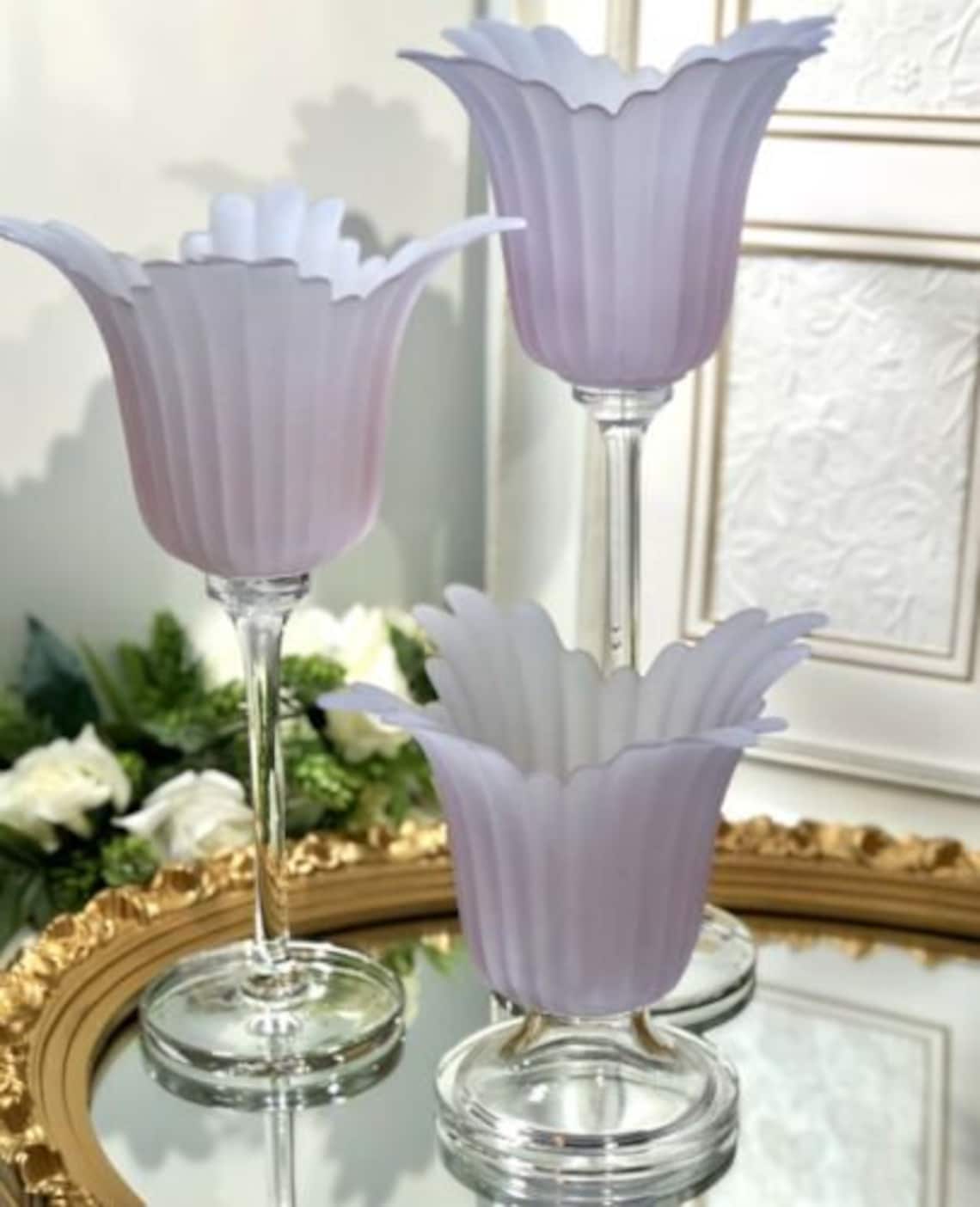 Vintage Pink Frosted Glass Flower Candle Holders/ Lavender Etsy
