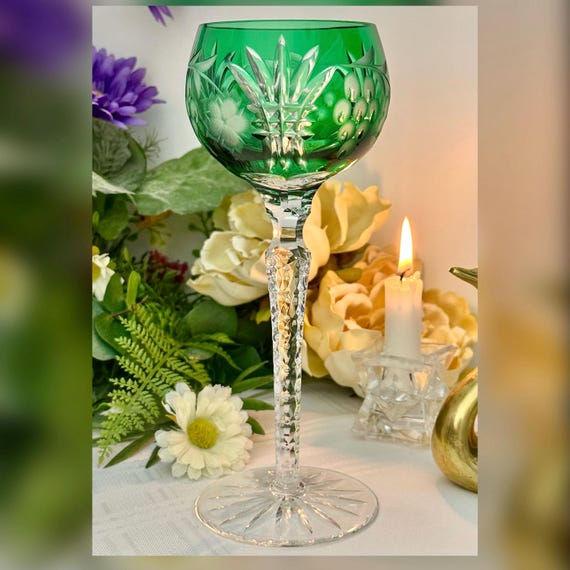 Bohemian Cut to Clear Green Crystal Hock Wine Glass Hungary