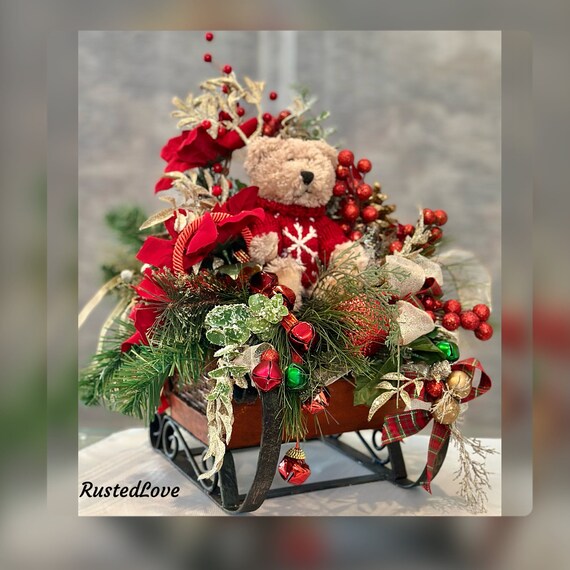 Christmas Centerpiece Holiday Sleigh / Tabletop Christmas Centerpiece Decoration / Hearth Decoration / Christmas Sleigh Floral Arrangement
