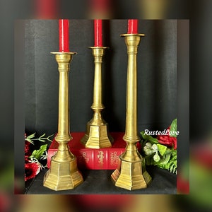 Brass Candle Holders / Solid Brass Candlesticks / Graduated Height Candle Holders / Vintage Solid Brass / Centerpiece Candle Holders Set