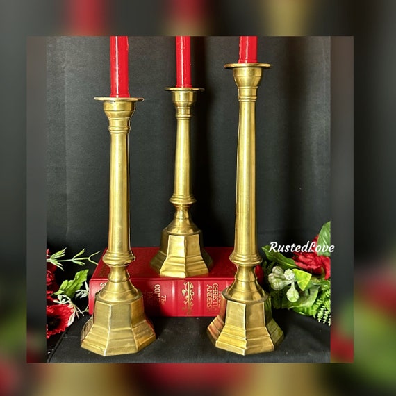 Brass Candle Holders / Solid Brass Candlesticks / Graduated Height Candle Holders / Vintage Solid Brass / Centerpiece Candle Holders Set