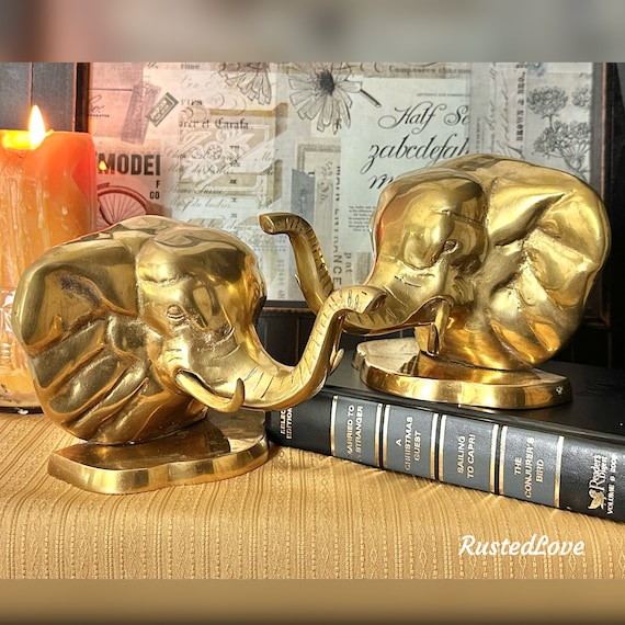Elephant bookends / Vintage Solid Brass / Trunks Up / Elephant Paperweights / Office Decor / MCM / Gold Elephant Bookends / Collectible