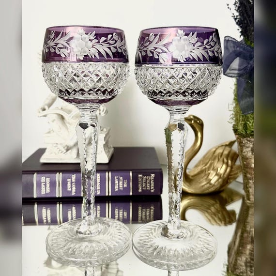 Crystal Amethyst Wine Hocks / Karat Crystal Germany Purple Cut Balloon Wine Goblets / Amethyst Karat Crystal Wine Hocks / Pair Wine Glasses