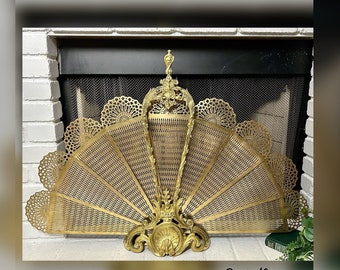 Antique Shell "Peacock" Fireplace / Folding Screen / Brass Fireplace Fan / Victorian Brass / RARE Heavy Screen / French Brass / Antique Rare