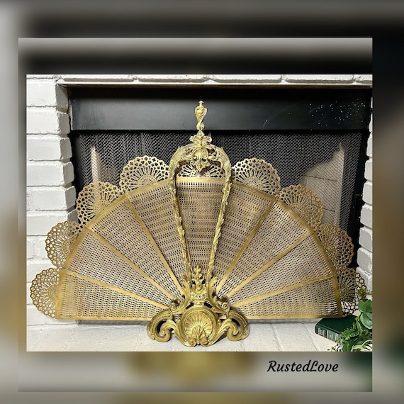 Antique Shell peacock Fireplace / Folding Screen / Brass Fireplace Fan /  Victorian Brass / RARE Heavy Screen / French Brass / Antique Rare 