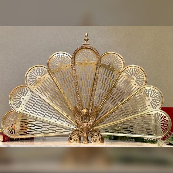 Fireplace Brass Screen / Vintage Gargoyle Brass Peacock Fireplace Folding Screen / Castilian Imports Fireplace Peacock Victorian Screen