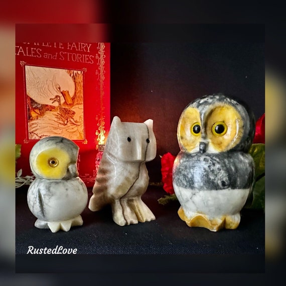 Owl Figurines / Stone Hand Crafted Owl Statues / Decorative Owl Collection / Vintage Owl Statues / Decorative Collectible Owl Statues