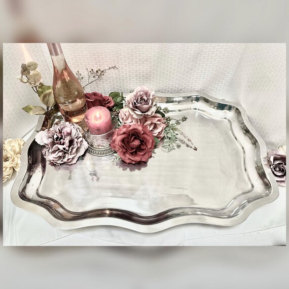 Vintage Aluminum Tray Bar Cart Coffee Table Vanity Silver Tray