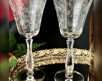 Fostoria Heather Water Goblets Pair Etched Crystal Vintage Replacement