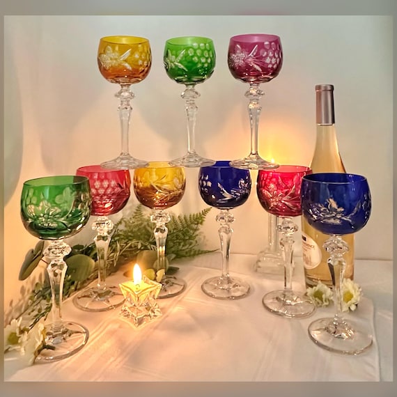 Bohemian Colored Wine Glasses / Vintage Cut to Clear Mixed Colored Glasses / Bohemian Colored Wine Goblets / But Glass Bohemian Wine Glasses