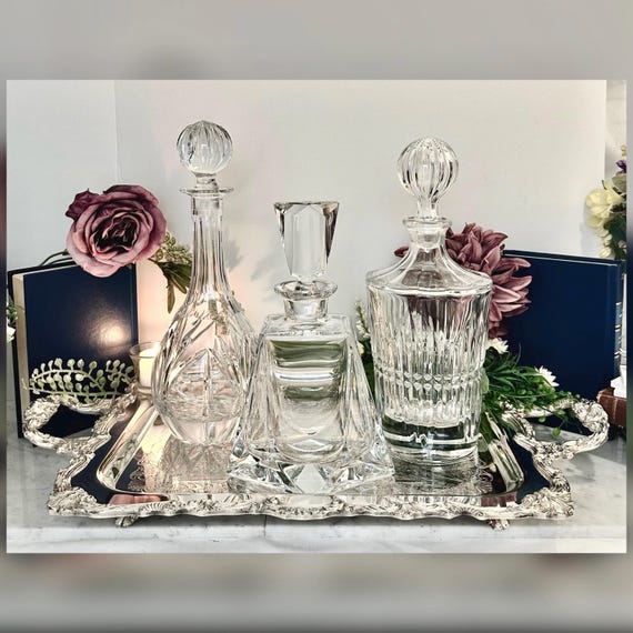 Vintage Crystal Decanter Set Silver Plated Tray Whiskey Barware