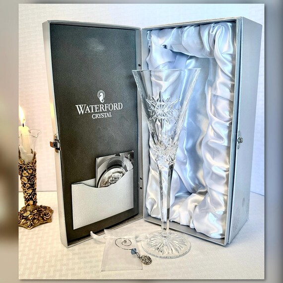 Waterford Crystal Snowflake Champagne Flute / Waterford Snowflake Joy Clear Champagne Glass / Waterford Snowflake Flute W/ Charm & Box - 1