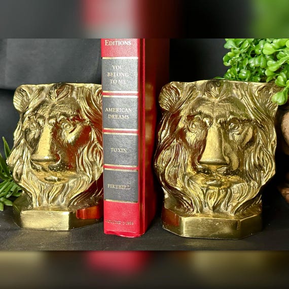 Lion Brass Bookends / Gatco Lion Head Solid Brass Book Ends / Lion King of the Jungle Book Holders / MCM Lion Book Ends / Lion Book Holders