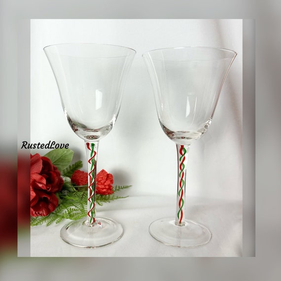 Pier 1 Wine Glasses / Candy Ribbon Wine Glasses / Red Green White Ribbon  Swirl Stem / Vintage Wine Glasses / Pier 1 Blown Glass Wine Glasses 