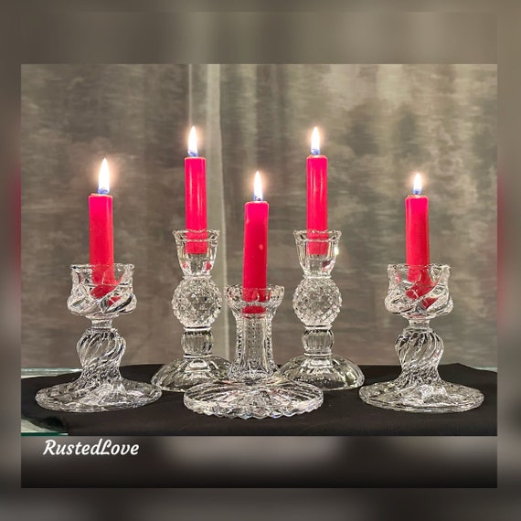 Crystal Candle Holders Set / 5 Glass Candlesticks Mixed Styles /  Wedding Holiday Clear Candlesticks / 5 Centerpiece Dinner Candle Holders