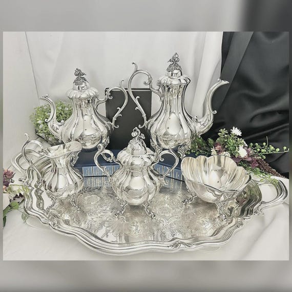 Winthrop Reed & Barton Antique Silver Plated Tea Set / Winthrop Tea and Coffee Set / Silverplated Reed and Barton 6 piece Tea Set with Tray