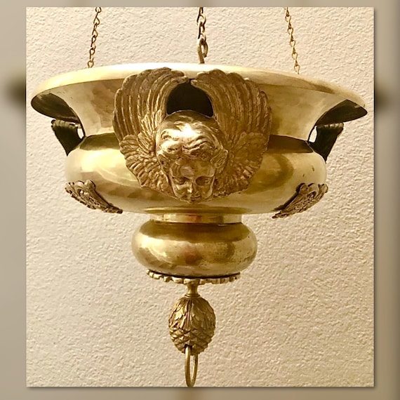 Antique Hanging Planter / Sanctuary Lamp / Crafted in France / 1800's Cathedral Lantern / Antique Brass / Baroque Hanging Light