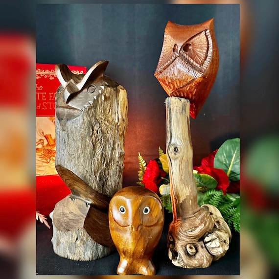 Hand Carved Wood Owl Figurines, Vintage Owl Collection, Set of 3