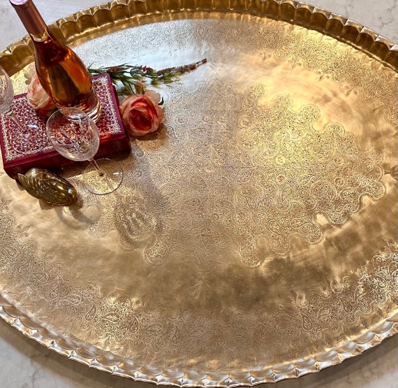 Moroccan Solid Brass Etched Tray / Brass Table Top / Brass Vintage  Scalloped Rim Tray/ Polished Brass Tray / Oval Tray / Brass Coffee Table 