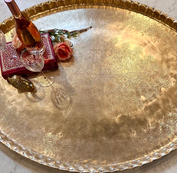 XL Etched Brass Tray: Vintage Moroccan Coffee Table Top, 45