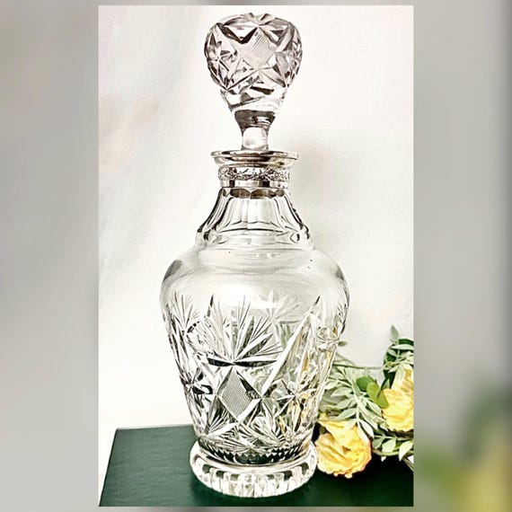 Vintage Bohemian Cut Crystal Decanter, Sterling Silver Collar